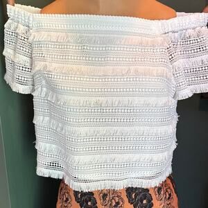 White House Black Market, Fringe Off Shoulder Top, White, Size 10